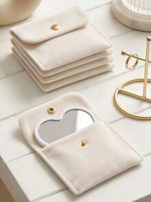 8/2pcs Heart-Shaped Makeup Mirror & Cosmetic Storage Bag Set, White Glass Makeup Mirror With Elegant Makeup Bag, Portable Heart-Shaped Mirror For Touch-Ups, Velvet Snap Button Storage Bag Jewelry Pouch - Multicolor - View 5