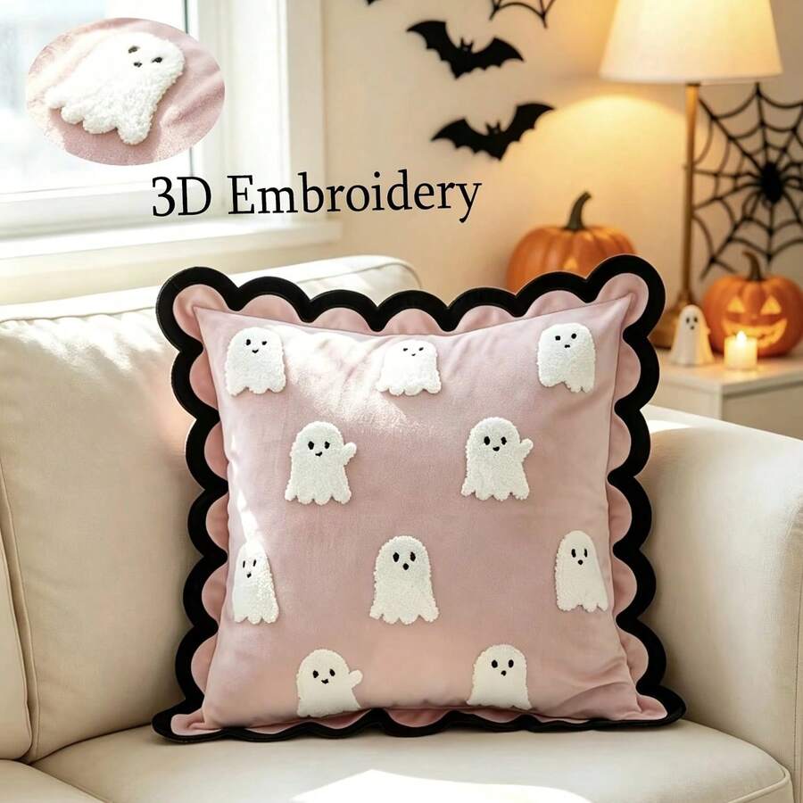 LCUHPCL 1pc Halloween Wavy Ruffle Pink Cute Little Ghost 3D Embroidered Pillow Case, Suitable For Bedroom, Living Room, Sofa, Daily Use, Party And Various Environments
