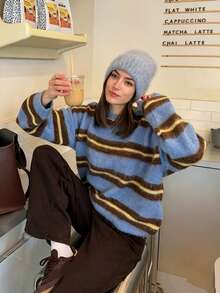 Women's Loose Round Neck Colorblock Striped Long Sleeve Knit Sweater, Vintage Casual Daily Versatile Commuter Top, Suitable For Vacation And Autumn - Blue - View 11