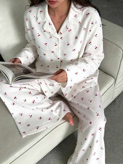 Nina Bonheur 2pcs Women Loose Comfortable Breathable Long Sleeve Top + Long Pants Pajama Set, Cute Loungewear