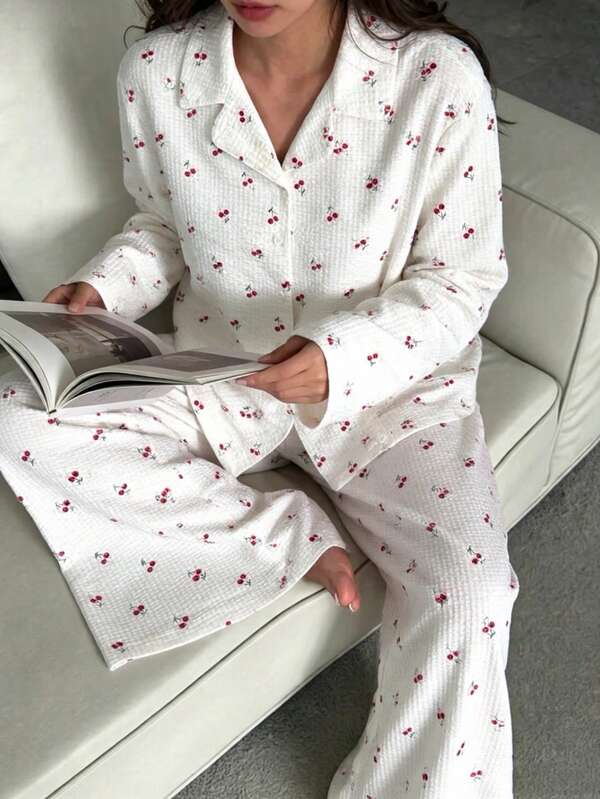 Nina Bonheur 2pcs Women Loose Comfortable Breathable Long Sleeve Top + Long Pants Pajama Set, Cute Loungewear
