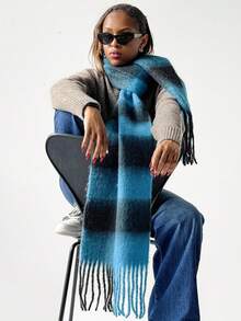 1PcWomen Fuzzy Mohair Texture Plaid Fringe Scarf, Oversized Color Block Check Winter Warm Neck Wrap Shawl - Blue-black - View 2