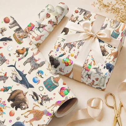 5/10 Sheets Vintage Watercolor Zoo Animal Party Wrapping Paper, Zebra Giraffe Bear Shark Wearing Party Hat Design, Suitable For Christmas Gifts, Holiday Parties, Birthdays, Wedding Parties, Valentine's Day And Seasonal Decorations