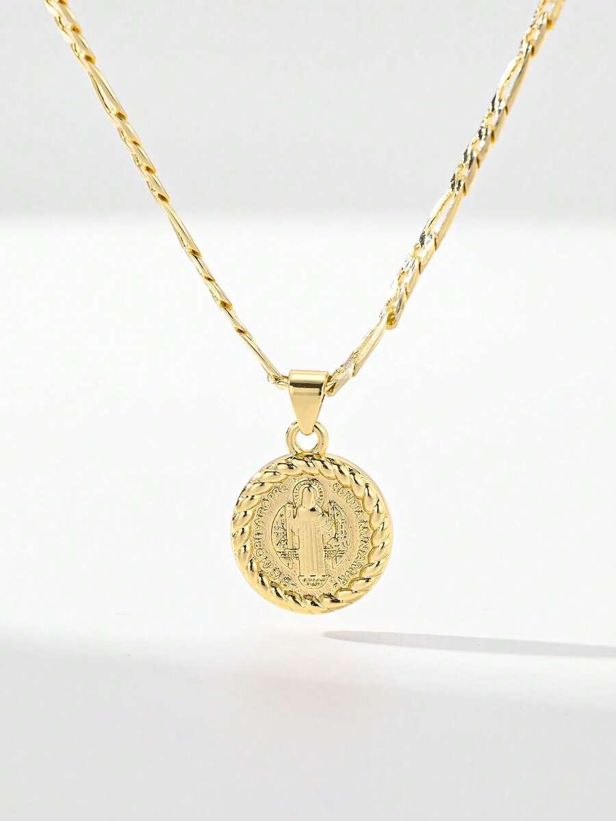 1PC Religious Vintage Style St. Benedict Necklace, Made Of 14k Gold Plated Copper, Paired With 50cm Figaro Chain, Priest Image St. Benedict Pendant, Exquisite Craftsmanship And Outstanding Texture, Suitable For Men And Women, Perfect For Daily Wear, Church Services, And Holiday Gifts. - Yellow Gold - View 1