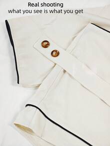Elegant Women's 2 Pieces Set, High Neck Backless Sleeve Top Paired With Contrast Trim Shorts, Suitable For Vacation, Dates, And Everyday Wear Summer - Apricot - View 3