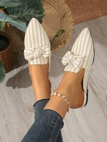 2026 Autumn/Winter New Khaki Striped Bow Pointed Toe Comfortable Lightweight Women's Half-Sling Shoes - Khaki - View 3