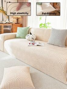 1pc Geometric Line Jacquard Fleece Sofa Cover, Minimalist Elastic One-Piece Sofa Slipcover, Pet-Friendly Anti-Slip Anti-Dirt, Machine Washable, Full Coverage Sofa Protector For All Seasons, Includes 45*45cm Pillowcase - Beige - View 3