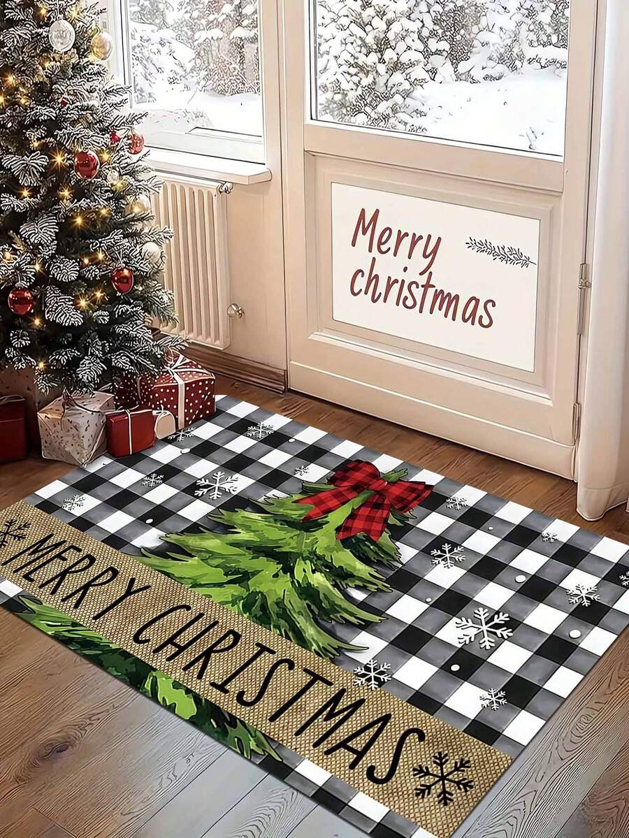 1pc Xmas Black & White Plaid Christmas Tree Bow & Snowflake MERRY CHRISTMAS Pattern Doormat, Machine Washable - Perfect For Entryway, Living Room, Bedroom, Kitchen, Hallway, Bathroom, Patio Decor, Entrance Decor, Room Decor, Christmas Decor - A - View 1