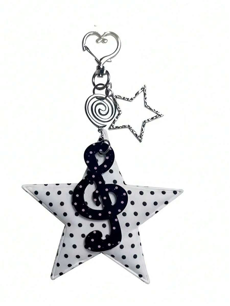 Vintage Polka Dot Stripe Musical Note Star Keychain Bag Charm Accessory Creative Cute Fun Hanging Ornament - Black - View 1