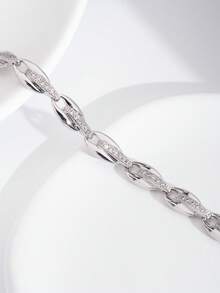 1pc Luxury Elegant Sparkling Cubic Zirconia Inlaid Linked Design Bracelet, Suitable For Women's Wedding And Banquet Wear, Gift Box Not Included - Silver - View 4