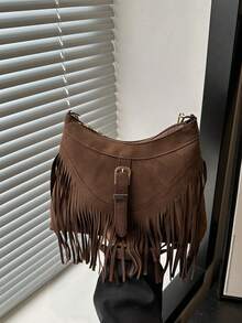 2026 New Suede Fringe Tote Handbag For Women, Chic Square Clasp Shoulder Bag, Crossbody Bag - Coffee - View 7