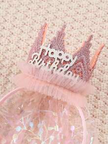 1pc Happy Birthday Crown Headband, Sparkly Pink Tiara With Shimmer Printed Tulle Veil, Sweet Princess Hair Hoop For Birthday Party Photoshoot Decor - Multicolor - View 6