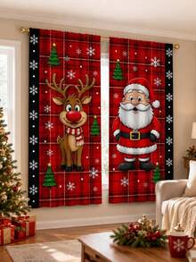 2Pcs Cartoon Santa Claus & Red Nose Reindeer Curtains, Red Plaid Winter Print Pattern, Holiday Window Decor, Semi-Sheer Rod Pocket Curtains, Suitable For Living Room And Bedroom, Rod Not Included, Living Room Christmas Curtains - Cartoon - View 5