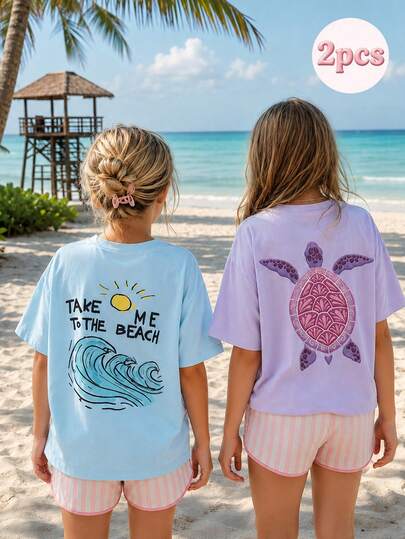 2pcs/Set Kaos Lengan Pendek Bergambar untuk Anak Perempuan Remaja, Cocok untuk Atasan Musim Panas Anak Perempuan Remaja, Pakaian Siswa Muda