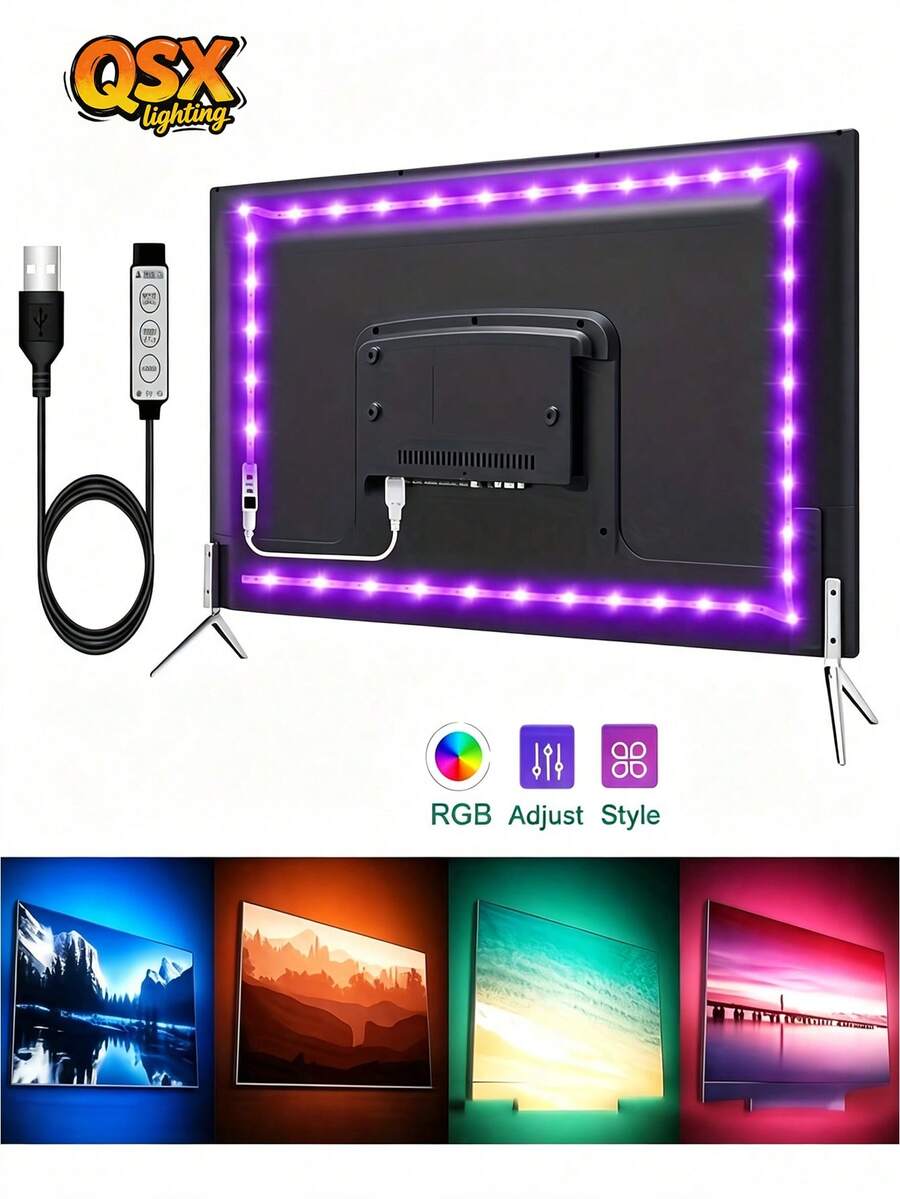 1pc RGB LED Strip Light, USB 5V TV Backlight With 3-Button Wired Controller, Color Changing Self-Adhesive Ambient Light For Monitor, Gaming, Home Party Decoration (No Remote Control) - 3-key - View 1