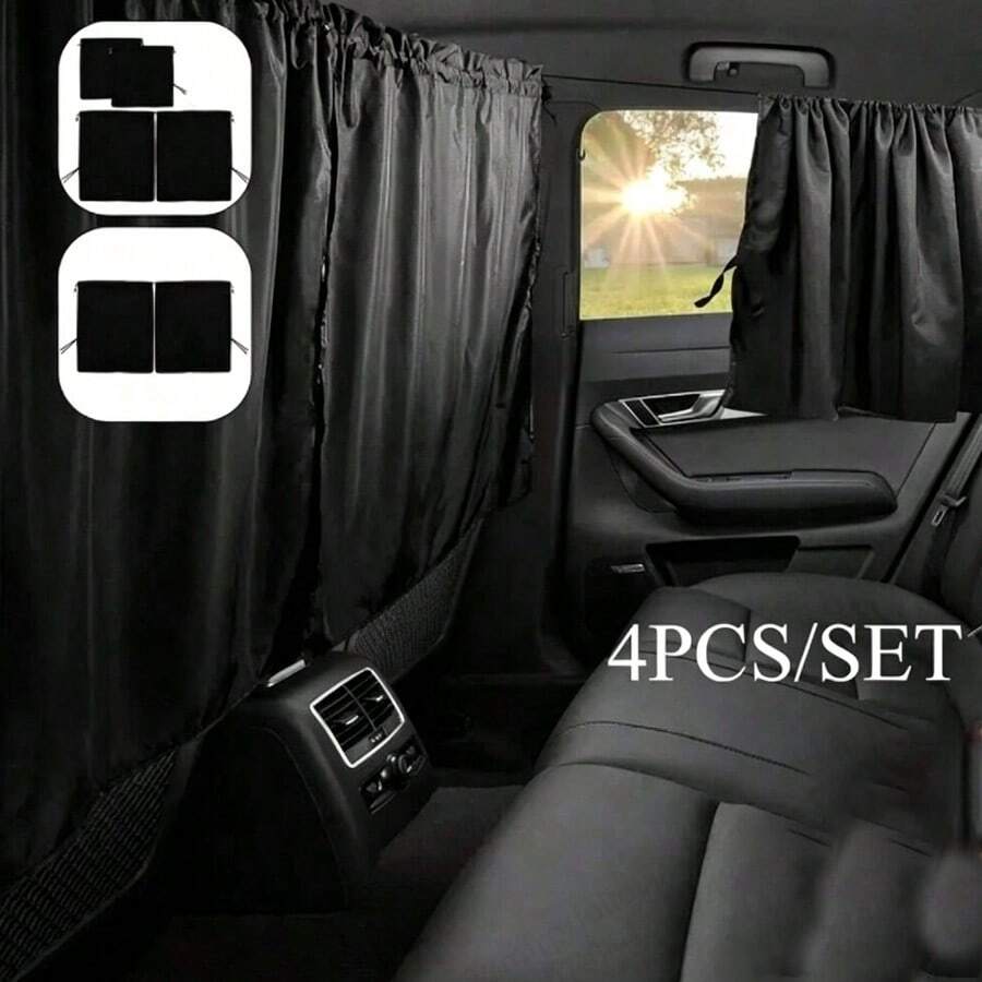 2/4pcs Blackout Car Privacy Divider Curtain + Side Window Curtain Set, 95% Blackout UV Protection Rear Seat Divider Curtain, Easy Install Black Privacy Window Curtain Set