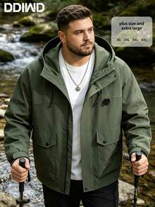 Plus Size Men's Outdoor Hooded Jacket, European And American Style, Suitable For Hiking, Trekking, Camping, Cycling, All Seasons, Autumn/Winter - Army Green - View 1