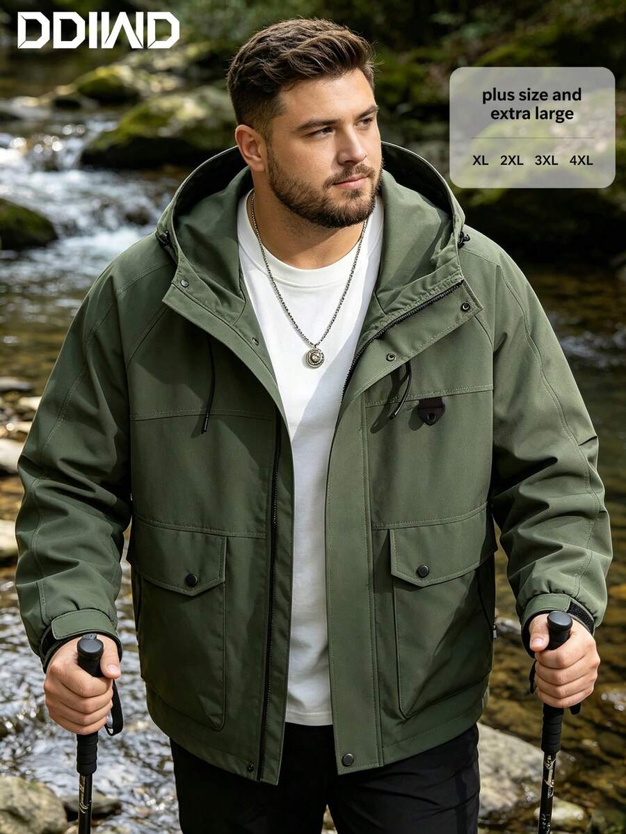 Plus Size Men's Outdoor Hooded Jacket, European And American Style, Suitable For Hiking, Trekking, Camping, Cycling, All Seasons, Autumn/Winter - Army Green - View 1