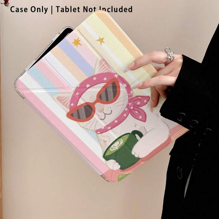 Striped, Cat, Coffee Pattern Painted Effect Tablet Protective Case With Stand, Compatible With Honor 8/9/10/X8/X8A/X9/X8Pro/X9Pro, MatePad SE 11 Inch/MatePad 11 Inch/11.5 Inch, MatePad Pro, Apple 10th/11th Gen 2025 (A16), Galaxy Tab A7/A9 And Other Popular Models - Style 16 - View 7