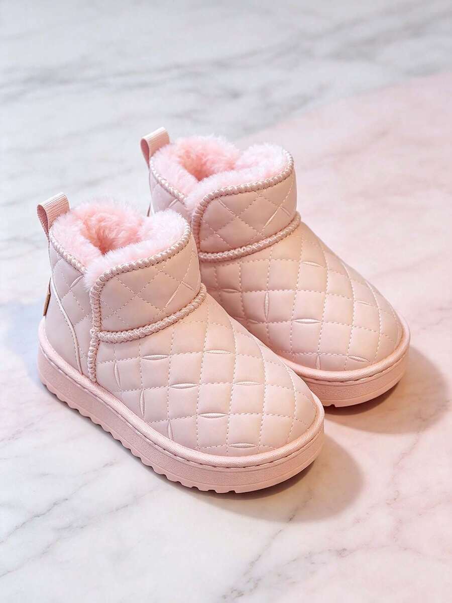 1 Pair Kids Quilted Thermal Lined Snow Boots With Thick Lamb Wool Lining, Non-Slip, Warm Ankle Boots For Boys And Girls In Winter - Pink - View 1