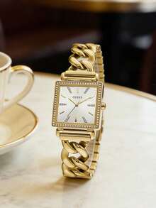 GUESS Luxury W1275L2 Analog Watch, Crystal Paved Square Case Multi-Chain Gold Metal Band Women Wristwatch - Gold - View 19