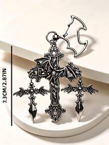 Gothic Vintage Carved Cross & Bat Metal Keychain, Unique Bat Lobster Clasp Bag Charm Pendant, Y2K Street Fashion Accessory, Unisex Gift - Multicolor - View 6