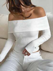 Autumn/Winter Knitted Ribbed Brushed Patchwork Thick Ribbed Slim Fit Fashion Elegant Long Sleeve Tight Outerwear Top White - White - View 7