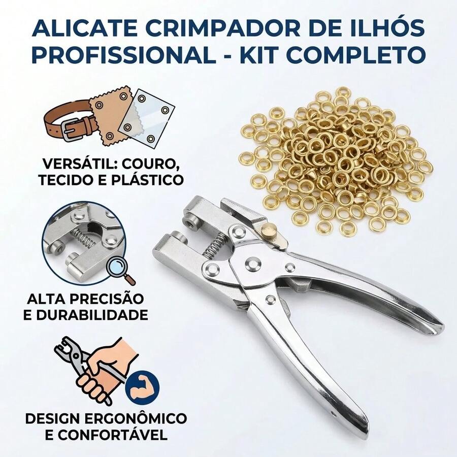 Alicate para Ilhós com Bolsa para 100 Ilhós Grátis, Ferramenta para Aplicação em Couro, Tecidos e Roupas, Ideal para Artesanato DIY e Reparos Domésticos