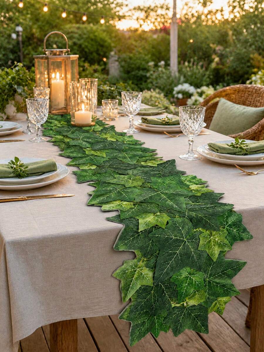 1pc Green Ivy Leaf Shaped Linen Table Runner, Botanical Farmhouse Asymmetrical Dining Table Runner, Natural Inspired Restaurant Table Centerpiece Decor, Suitable For Kitchen, Dining Room, Coffee Table, Wedding, Spring/Summer Daily Home Decor - Multicolor - View 1