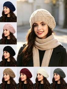 Women Cable Knit Beret Hat, Warm Solid Color Slouchy Beanie, Fall Winter Soft Knitted Cap - Multicolor - View 11