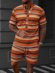 Men's Orange Vacation Style Half-Placket Short Sleeve Shirt And Shorts Set - Multicolor - View 1