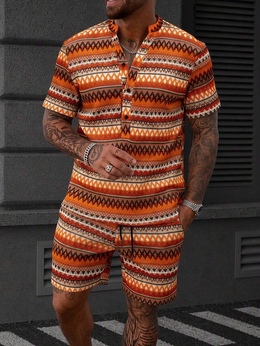 Men's Orange Vacation Style Half-Placket Short Sleeve Shirt And Shorts Set - Multicolor - View 1