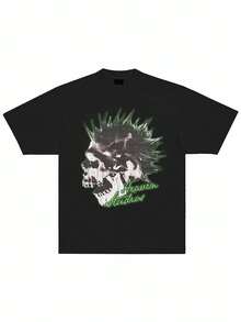 Dark Skull Art Pattern Casual And Versatile Summer T-Shirt For Men And Women Festival Outfit Damen - 黑色 - 查看 1