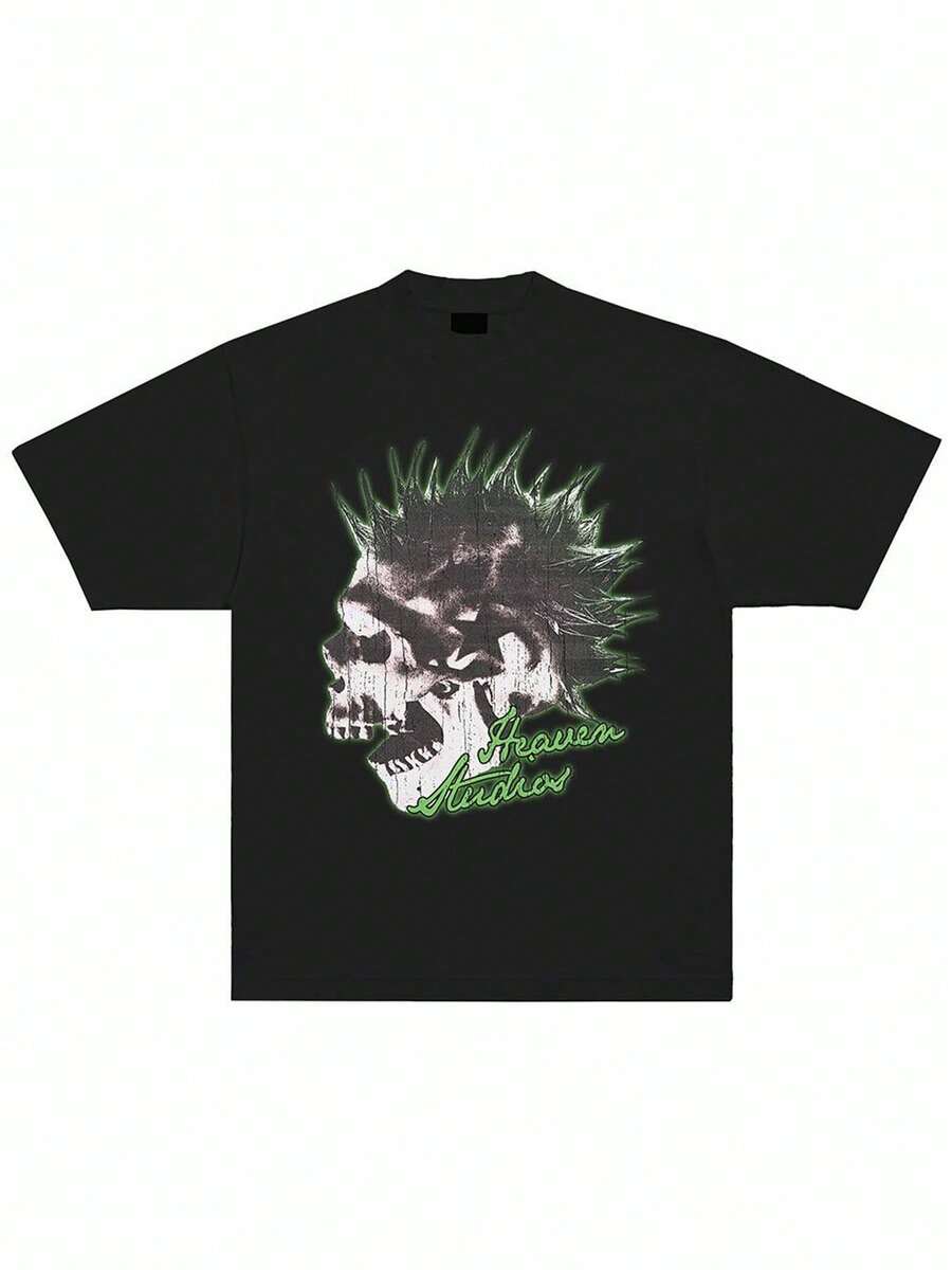 Dark Skull Art Pattern Casual And Versatile Summer T-Shirt For Men And Women Festival Outfit Damen - 黑色 - 查看 1
