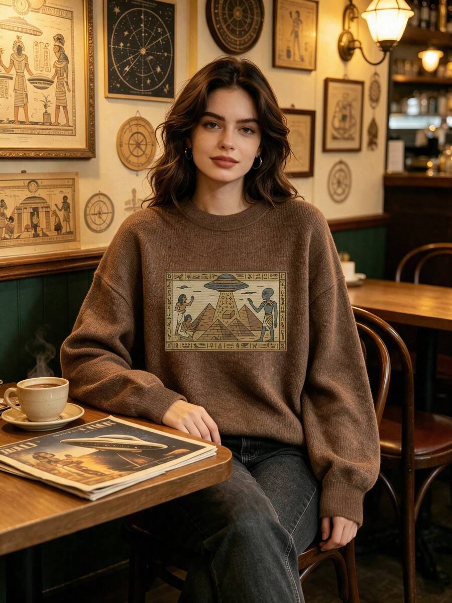 大尺碼女款秋季度假休閒復古外星圖案圓領長袖棕色針織毛衣/秋季穿搭 - 棕色 - 查看 1