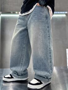 Tween Boy Loose Minimalist Versatile New Denim Long Pants - Light Wash - View 7