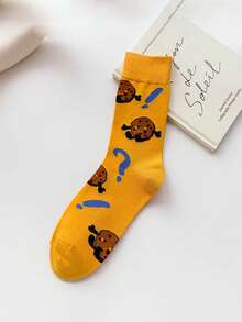 1/4 par de calcetines divertidos con estampado de comida a media pantorrilla, patrón de pizza, galleta, pan, fresa y dibujos animados, calcetines versátiles y lindos para niñas - Multicolor - Ver 4