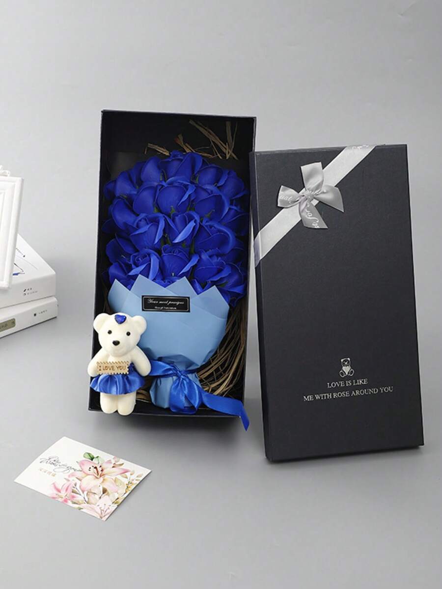 Vintage Rose Bouquet With Mini Teddy Bear, Artificial Rose Gift Box, Romantic Valentine's Day And Anniversary Surprise For Girlfriend