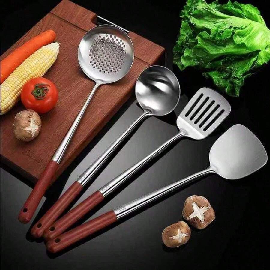 1/4pcs Stainless Steel Kitchen Utensil Set, Chinese Style Wok Spatula Spoon Scraper, Home Cooking Buffet Restaurant Party Baking Service Tools, Christmas Holiday Kitchen Decor Gift