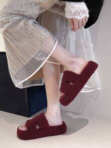Women's New Winter Thick Sole Fur Slippers, Outdoor Wear, Autumn New Fairy Style Petite Slouchy Height-Increasing Slippers, Spring/Autumn Indoor Home Office Slippers, 4CM - Red - View 3