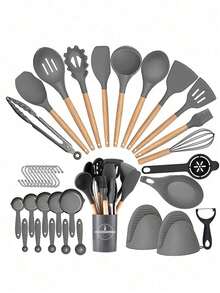 36pcs Set,36pcs Silicone Kitchen Cooking Utensils, Heat-Resistant Cooking Utensils Set Of Wooden Handles, Non-Stick Kitchen Gadgets, Including Scraper Spoons,Kitchen Stuff Kitchen Accessories Home Kitchen Items - Dark Grey - View 15