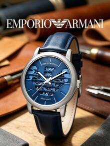 Armani 男士自動機械錶 磨砂鋼錶殼 藍色鏤空錶盤 柔軟皮革錶帶 畢業禮物與里程碑慶祝適用 - 均碼 - 查看 1