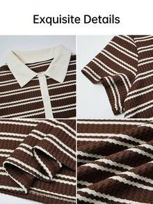 BIUBIU Atasan Polo Rajut Bergaris Chic untuk Wanita Ukuran Plus dengan Lengan Pendek, Panjang Reguler, Detail Kancing, dan Kain Elastis Sedang untuk Pemakaian Sehari-hari - Coklat - View 6