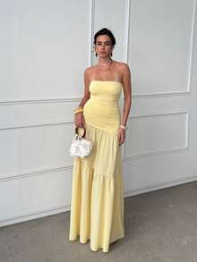 Women's Summer Yellow Sexy Solid Color Strapless A-Line Ruched Dress, Suitable For Valentine's Day Date, Graduation Season Party - Yellow - View 4