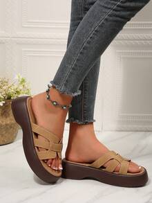 Bohemian Studded Cork Wedge Sandals For Women, Open Toe Platform Wedges, Casual Summer Beach Vacation Shoes - Khaki - View 4