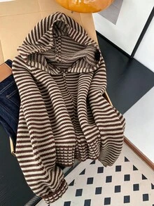 Women's Color-Block Striped Hooded Zip-Up Long-Sleeve Knit Cardigan,Autumn/Winter Preppy-Style Casual Commuter Sweater,Back-To-School Top,Street Wear - Coffee Brown - View 1