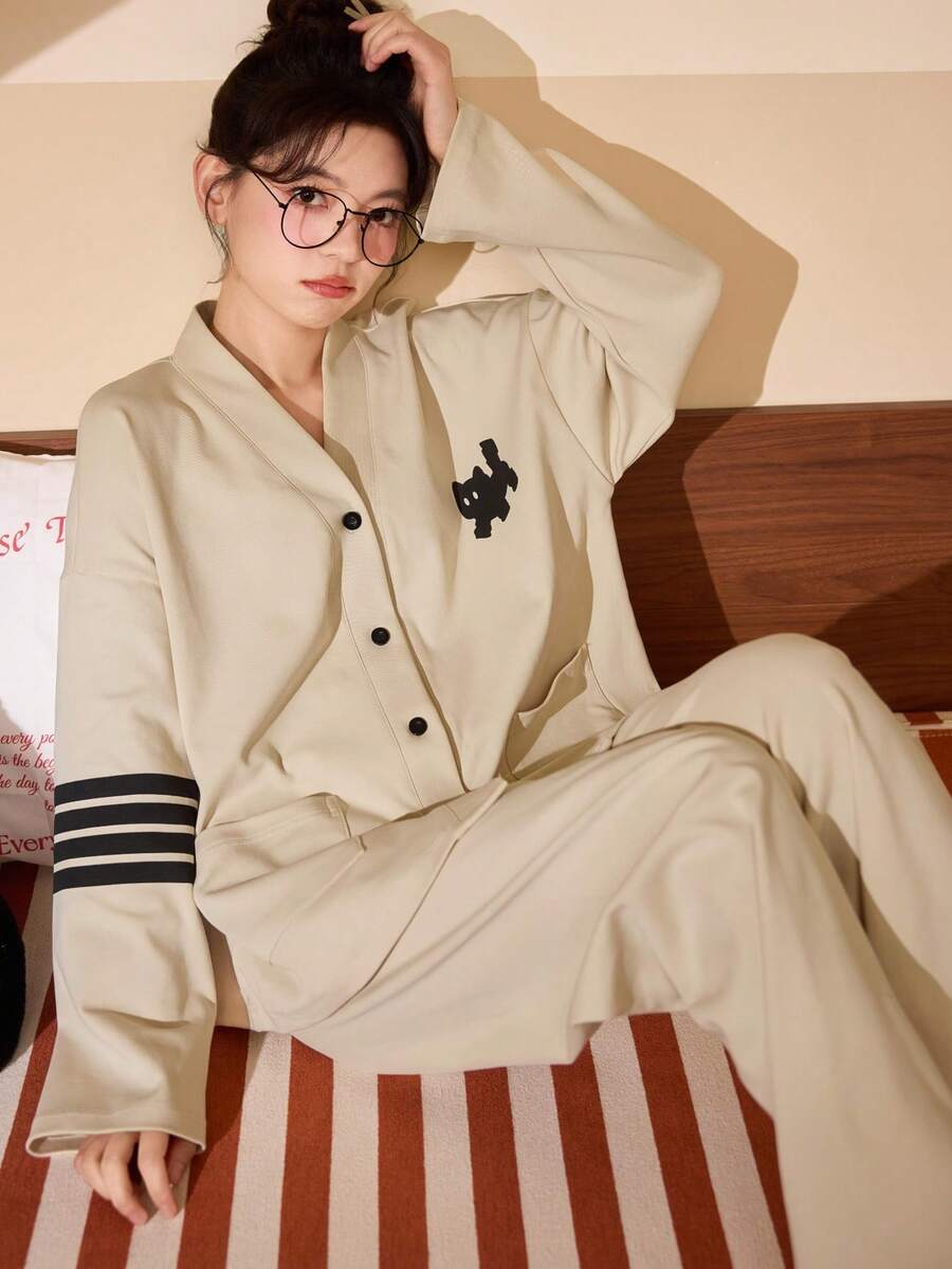 2pcs/Set Women's Pajamas Loungewear Set, New Cardigan Style Cute Cat Print Long Sleeve Cropped Pants, Comfortable For Home Wear - Apricot - View 1