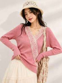 Women's Pink Knit Pullover, Elegant Contrast Lace V-Neck, Long Sleeve Regular Fit Sweater Fall - Pink - View 4