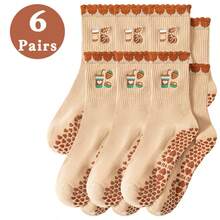 1/2/3/6 Pares de Meias de Cano Médio Antiderrapantes para Pilates e Yoga Femininas, com Bordado de Abóbora Cartoon, Punho Franzido e Aderência de Silicone, Meias Esportivas para Dança, Corrida e Balé, Presente Ideal para o Halloween - Multicolorido - Visão 11