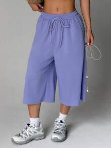 Lavender Elastic Drawstring Wide Leg Culottes, Summer Sporty Casual Y2K Gym Workout Cropped Pants For Running Holiday Streetwear - Purple - View 6